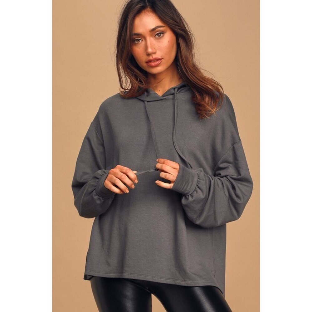 Lulus Time For Cozy Charcoal Grey Oversized Pullover Hoodie - Size XS